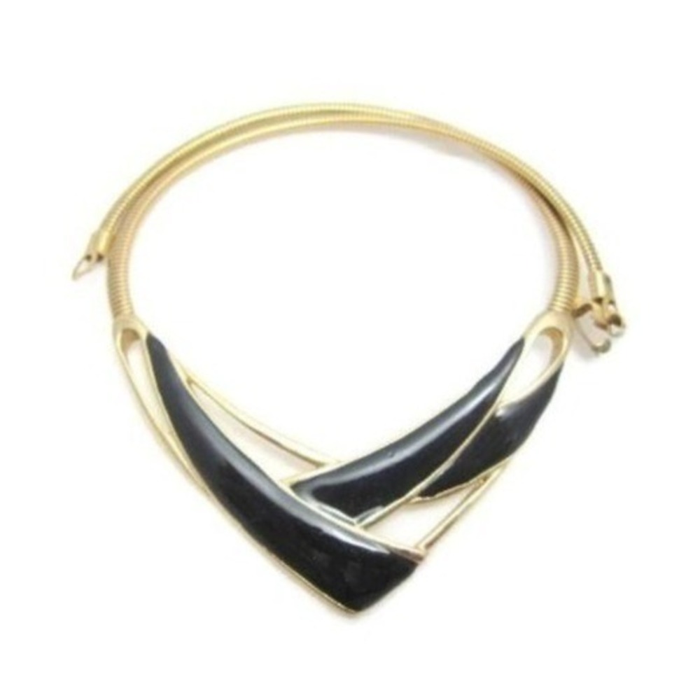 VINTAGE GOLD TONE BLACK ENAMEL GEOMETRIC V COLLAR NECKLACE ART DECO STYLE CHOKER